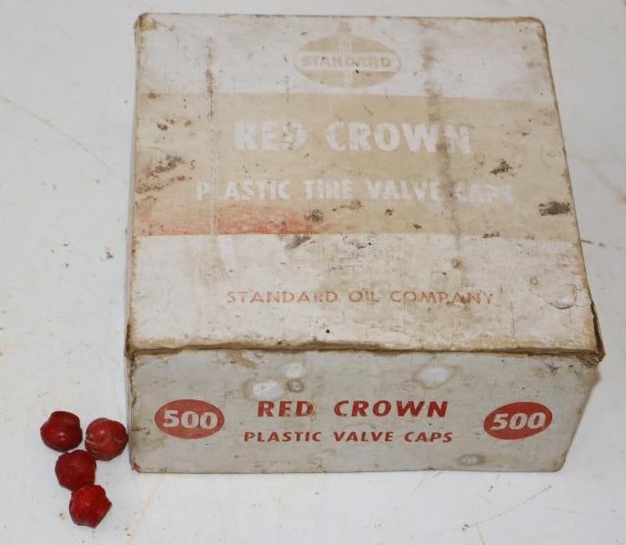 Group of 4 Red Crown Plastic Valve Caps with Box: Largest is 6" x 6" x 3"