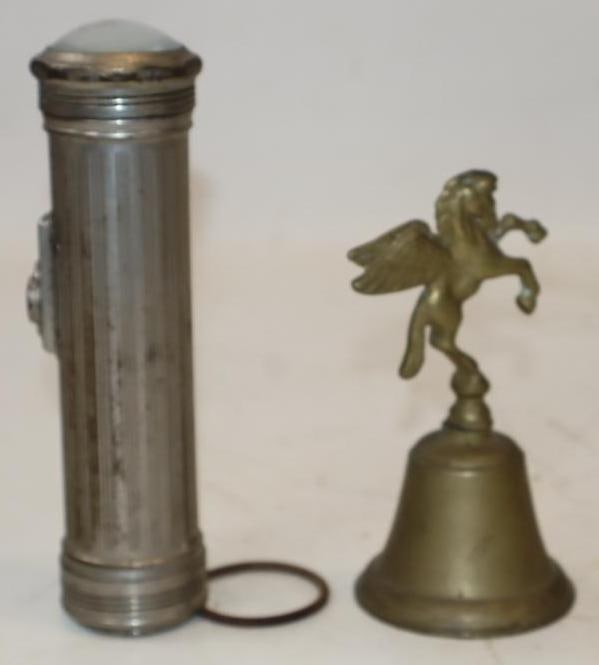 Group of 2 Early EverReady Flashlight & Brass Bell with Winged Horse: Largest is 1.75" x 1.75" x 6.5"