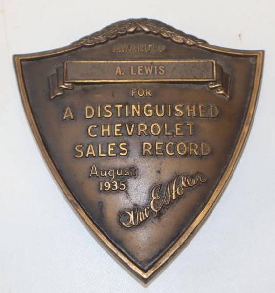 1933 Chevrolet Sales Record Award Plaque: 5.25" x 6"