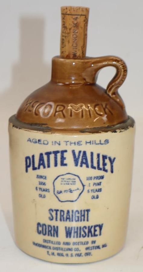 Platte Valley Straight Corn Whiskey Advertising Stoneware: 3.5" x 3.5" x 7"