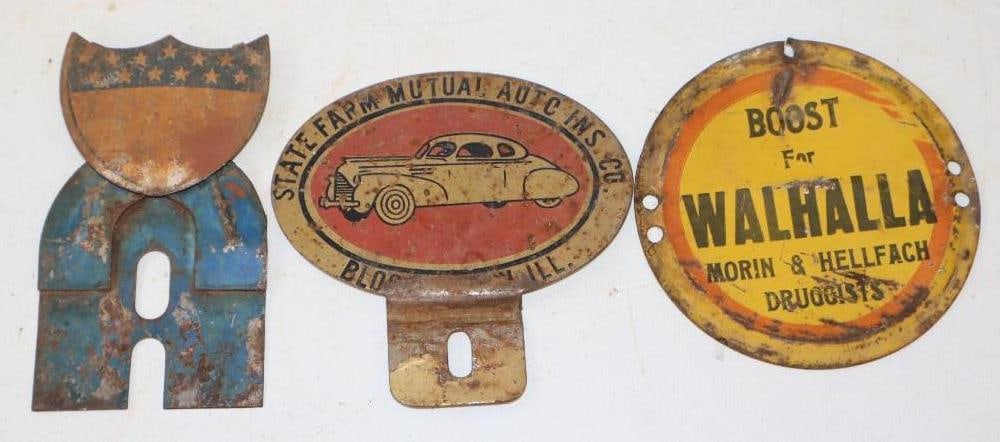 Group of 3 State Farm, Walhalla & Flag Holder License Plate Toppers: largest 4.25" x 4.25"