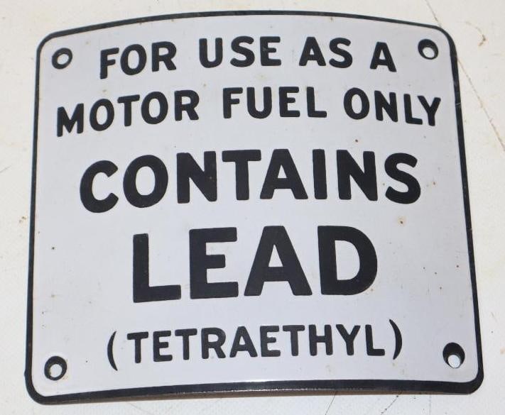 Curved Contains Lead Porcelain Gas Pump Warning Sign: 7" x 6"