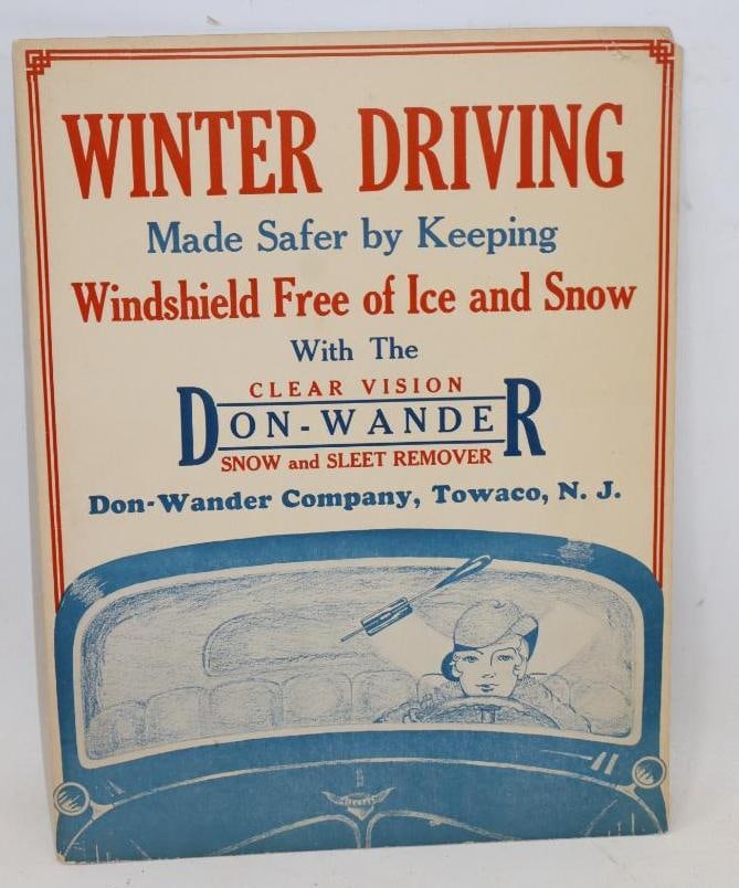 1930's Don-Wander Clear Vision Windshield Snow and Sleet Remover Heavy Cardstock Advertising Sign: 10.5" x 14"