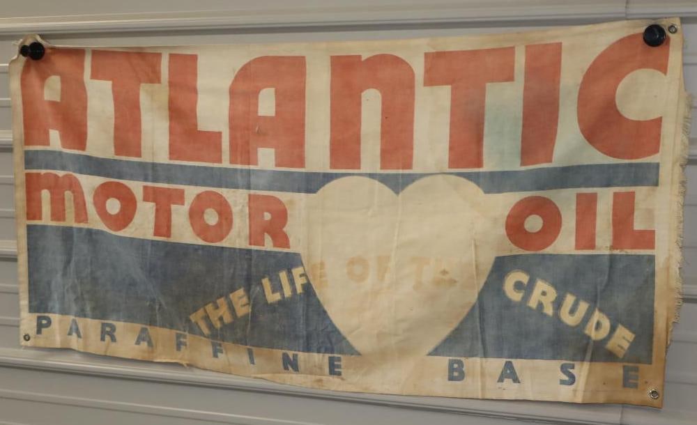 Atlantic Motor Oil The Life of the Crude Advertising Canvas Banner: 50" x 25", marked Dettra Flag Company