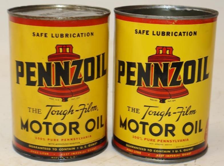 Group of 2 Pennzoil Metal 1 Quart Oil Cans: 32 oz each both are empty, 1 is missing top lid