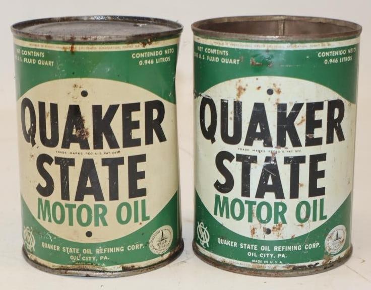 Group of 2 Quaker State 1 Quart Metal Oil Cans: 32 oz empty