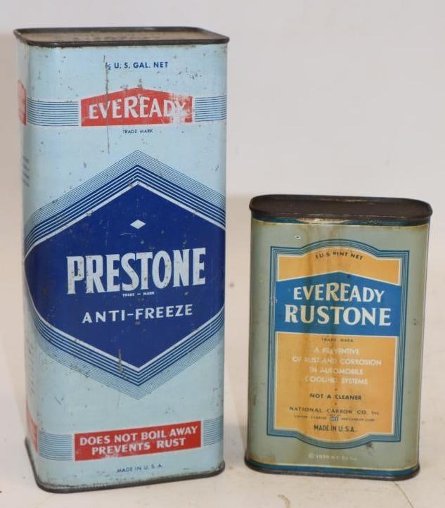 Group of 2 EverReady Prestone Half Gallon & Pint Antifreeze Cans: Largest is 4" x 3.5" x 9.25" both are empty, larger can is missing bottom lid