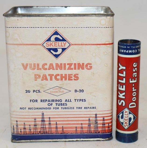 Group of 2 Skelly Volcanizing Patches & Door Ease Cans: Largest is 4.5" x 3" x 5.75"