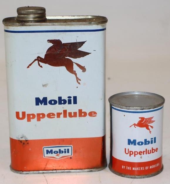 Group of 2 Mobil Upperlube Oil Cans: Largest is 16 oz, small can is full
