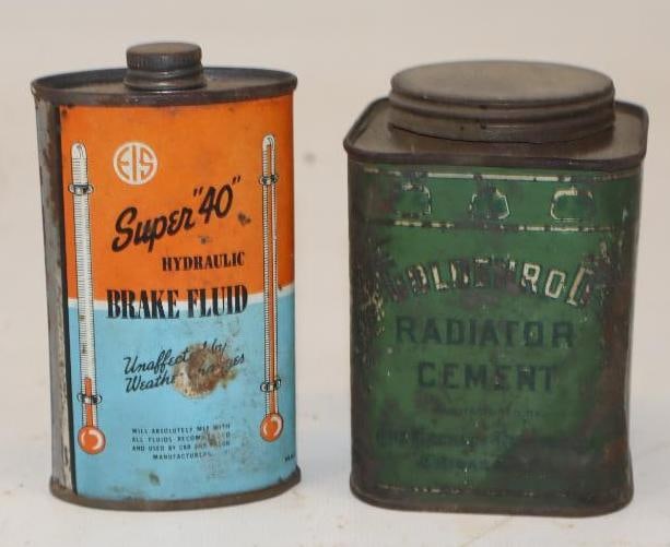 Group of 2 Golden Rod & Super '40' Early Brake Fluid & Radiator Cement Cans: Largest is 2.5" x 2.5" x 3.5"