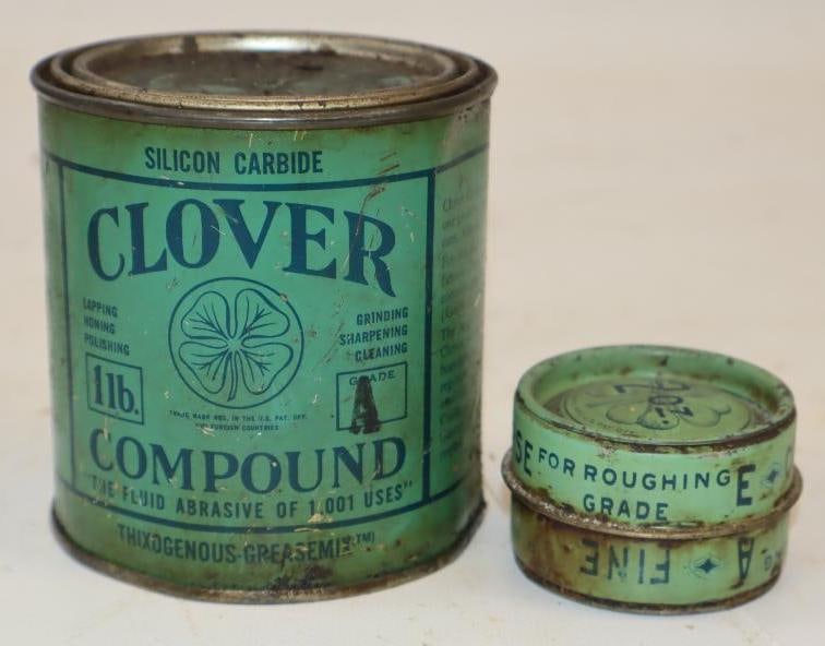 Group of 2 Clover Valve Grinding Compound Cans: Largest is 16 oz