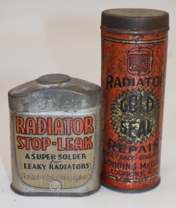 Group of 2 Gold Seal & Radiator Stop Leak Advertising Cans: Largest is 1.5" x 1.5" x 4.25"