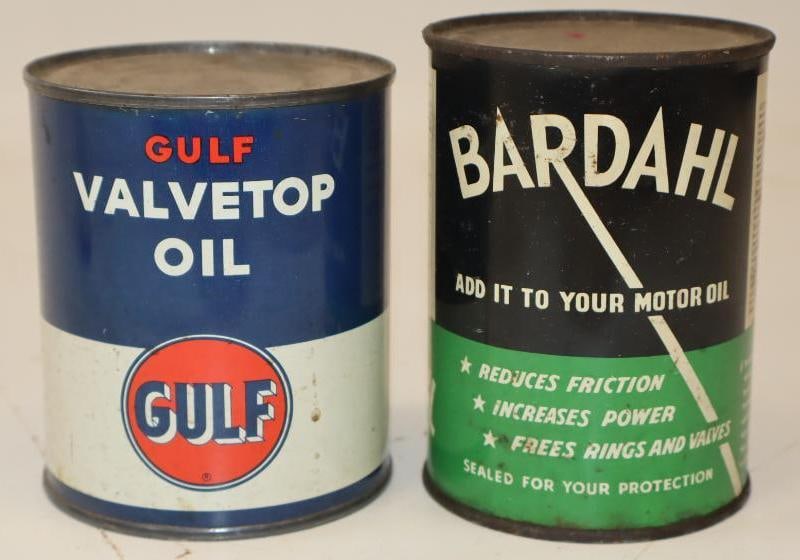 Group of 2 Gulf & Bardahl Top Oil Cans: Largest is 16 oz and full