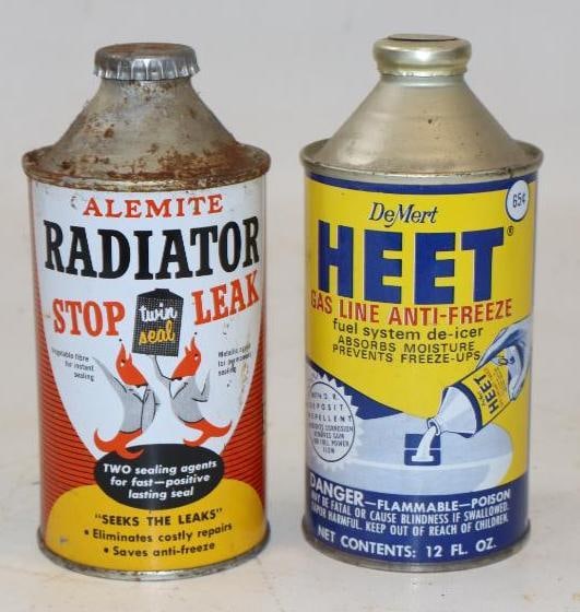 Group of 2 Alemite & Heet Radiator Stop Leak & Gas Line Antifreeze Conetop Cans: 12 oz each