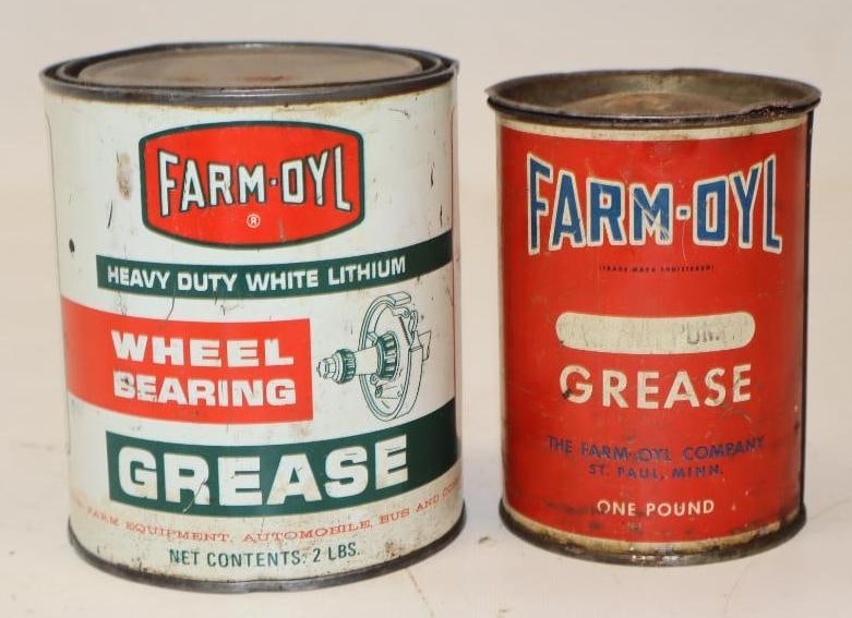 Group of 2 Farm-Oyl 2 & 1 lb Grease Cans: Largest is 4.25" x 4.25" x 4.75" 1 lber is full