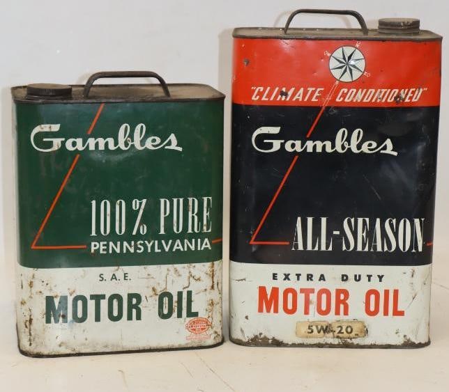 Group of 2 Gambles 10 Quart & 2 Gallon Oil Cans: Largest is 8.5" x 5.5" x 13.5"