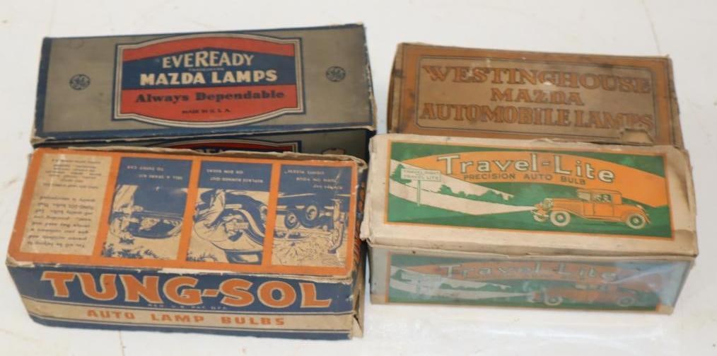 Group of 4 Automobile Mazda Lamp Display Boxes with Lightbulbs: Largest is 7.75" x 3" x 2.75"