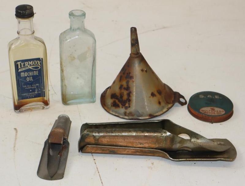 Group of 6 Oil Bottles, Cap, Spouts, & Porcelain Funnel: Largest is 4" x 4" x 4.5"