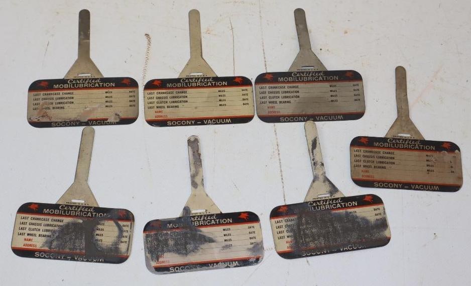 Group of 7 Socony Vacuum Mobilubrication Metal Oil Change Reminder Tags: 3.25" x 4" each