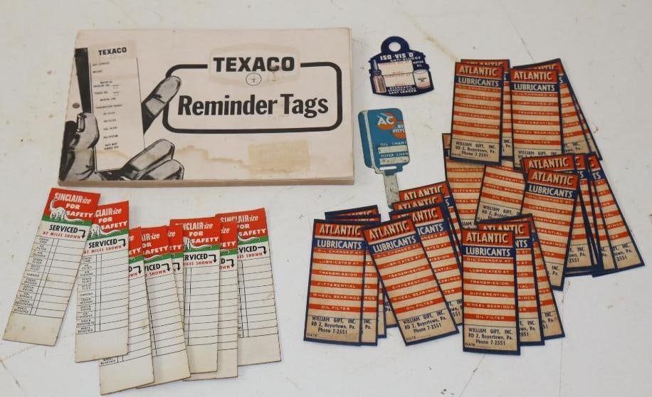 Group of 35 Sinclair, Atlantic, Texaco, & Other Oil Change Reminder Tags: Largest is 1.25" x 3.25" book of Texaco tags is counted as one