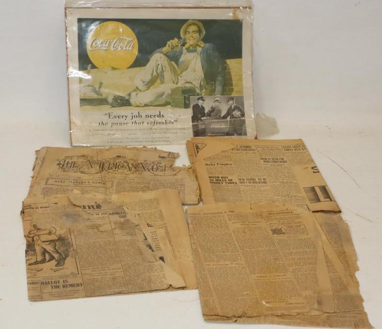 Group of 5 Late 1900's Newspapers & 1950's Coca Cola Advertisement: Largest is 13.5" x 10"