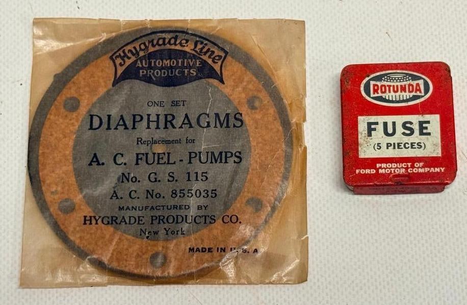 Ford Rotunda Advertising Car Fuse Tin and AC Fuel Pump High Grade Diaphragm Gasket in Original: largest 3.25" x 3.25"