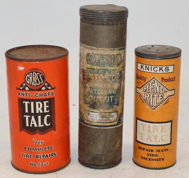 Group of 3 Different Tire Talc & Repair Kit Cans: Largest is 2.25" x 2.25" x 8"