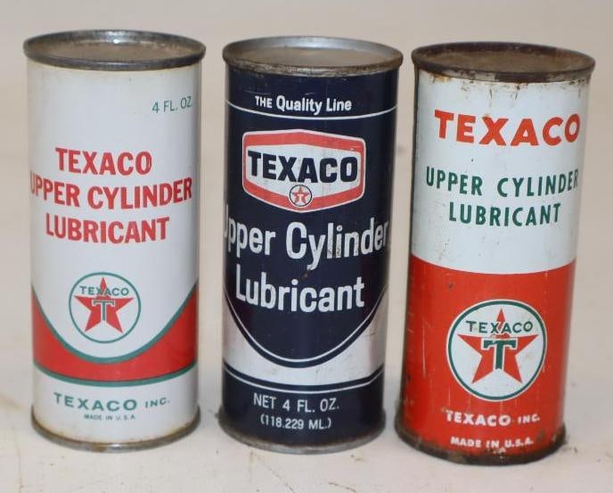 Group of 3 Different Texaco Upper Cylinder Lubricant Oil Cans: 4 oz each, blue is empty