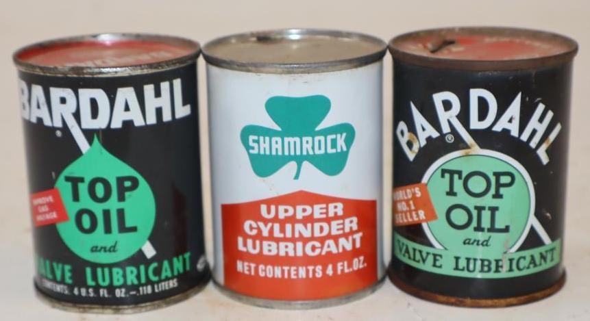 Group of 3 Bardahl & Shamrock Top Oil Cans: 4 oz each, 2 are full