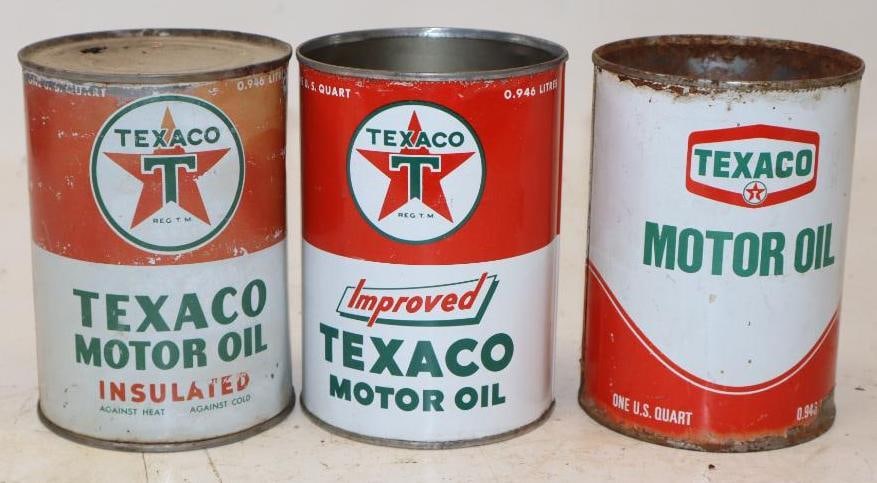 Group of 3 Texaco 1 Quart Metal Oil Cans: 32 oz empty, 2 are missing top lid
