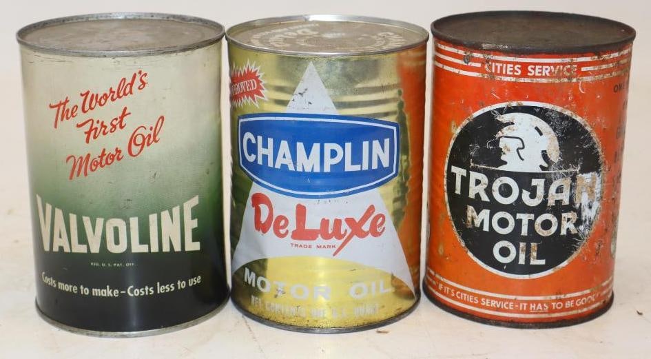 Group of 3 Cities Service Trojan, Champlin & Valvoline 1 Quart Metal Oil Cans: 32 oz empty