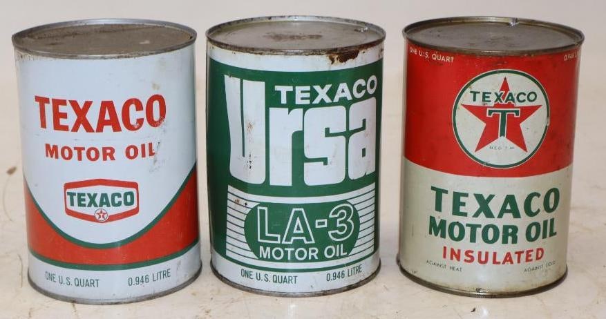 Group of 3 Different Texaco 1 Quart Metal Oil Cans: 32 oz empty