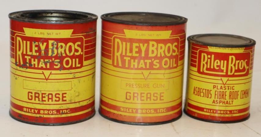 Group of 3 Riley Bros. 2 & 1 lb Grease Cans: Largest is 4.25" x 4.25" x 5" 1 can is missing lid