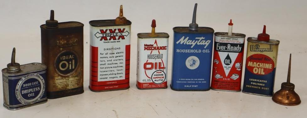 Group of 8 Different Handy Oil Cans: Largest is 8 oz