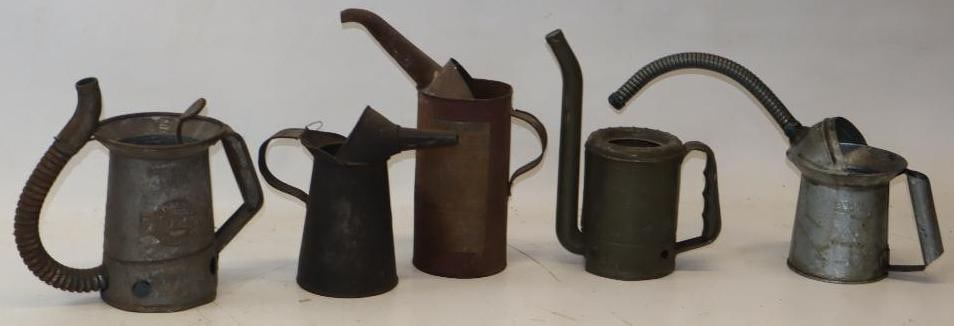 Group of 5 Gas & Oil Swing Spout & Pour Cans: Largest is 5.5" x 9" x 9.5"