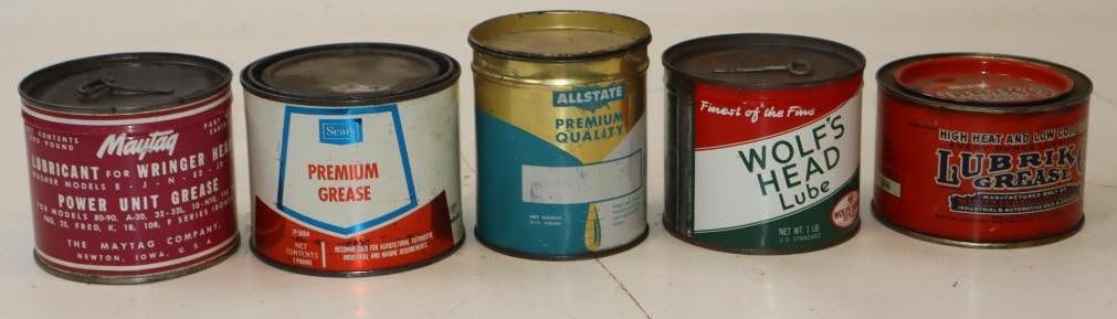 Group of 5 Different 1 lb Grease Cans: 16 oz each, Wolfshead is full