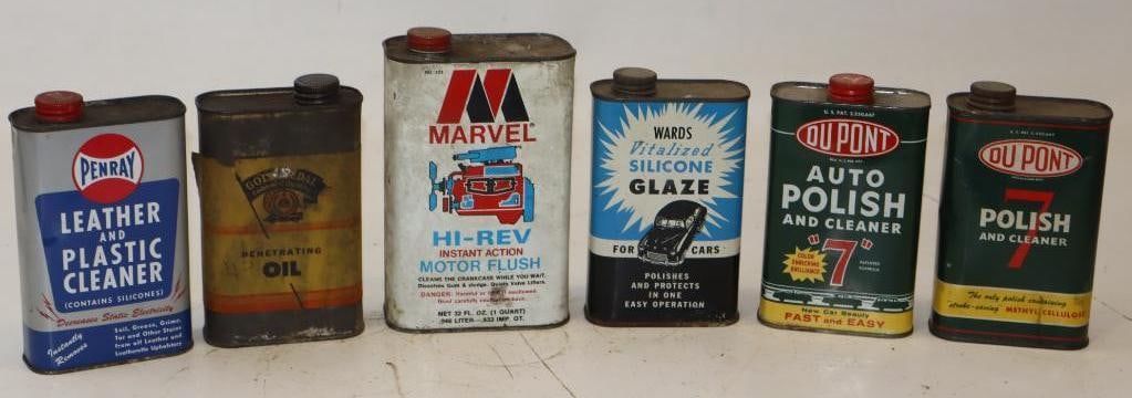 Group of 6 Different Quart & Pint Oil Cans: Largest is 32 oz empty