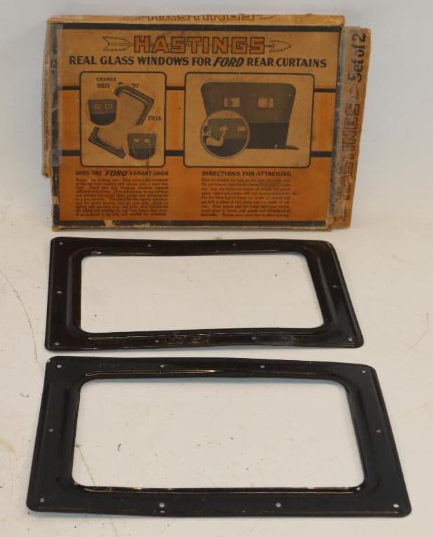 Group of 2 1920s Hastings Rear Ford Window Frames In Original Box: 10.5x7.5x1 Box Has Tape Repairs