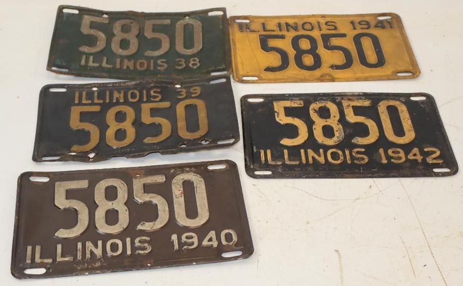 Group of 5 1938-1942 Number 5850 Illinois License Plates (1 of 5)