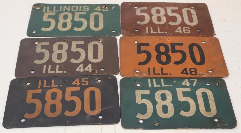 Group of 6 1943-1948 Number 5850 Illinois Soybean License Plates: 8.5x5 Each
