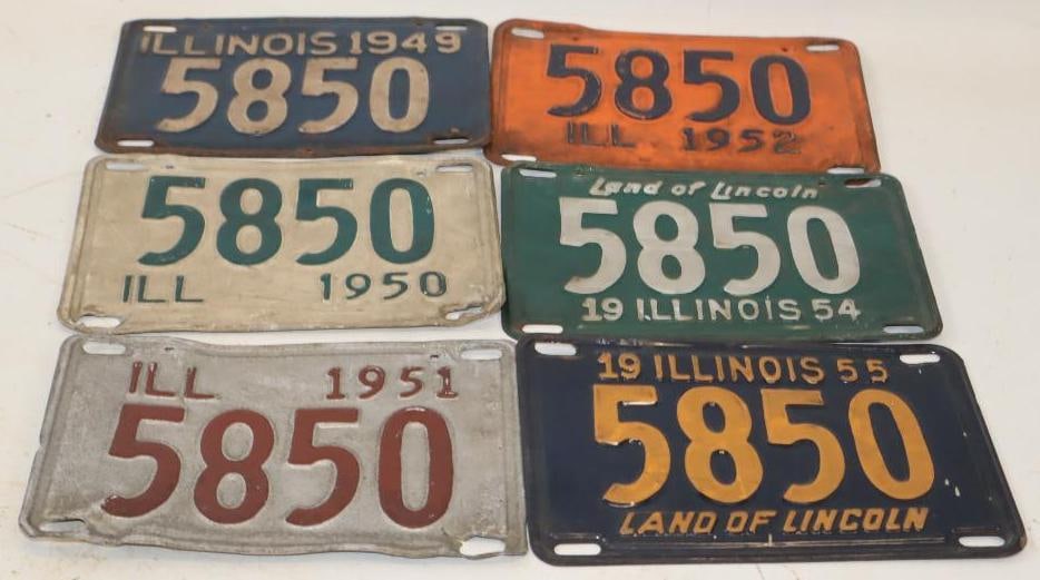 Group of 6 1949-1952 54 and 1955 Number 5850 Illinois License Plates (1 of 4)