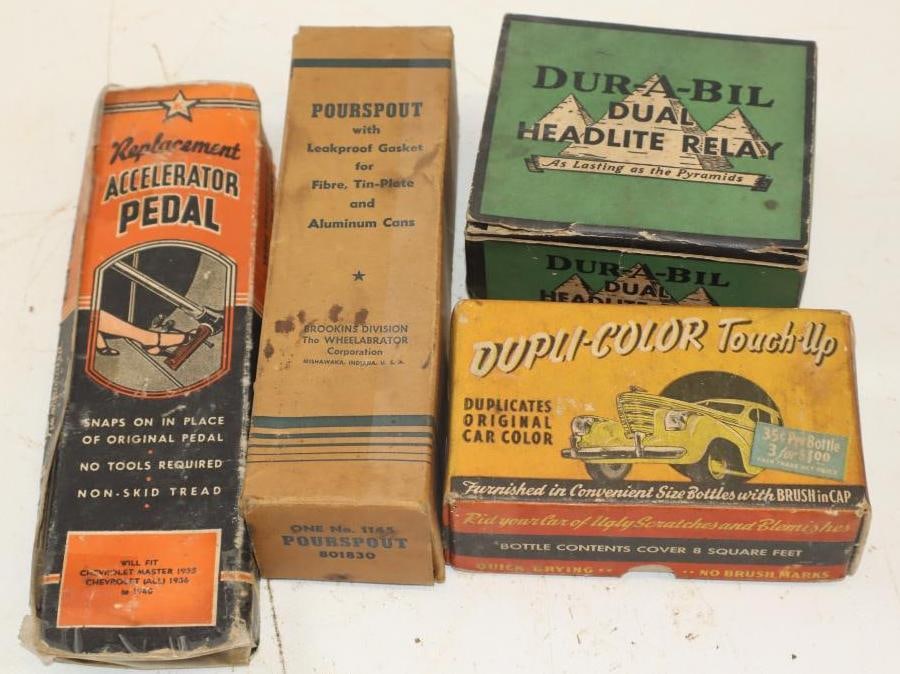 Group of 4 Early Automobile Replacement Parts and Touch Up Paint Kit In Original Boxes: Largest is 4.25x4x2