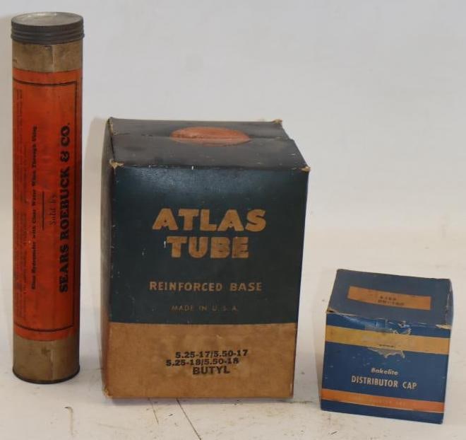 Group of 3 Atlas and Allstate Tire Tube, Distributor Cap and Hydrometer Syringe in Original Boxes: 6x6x8