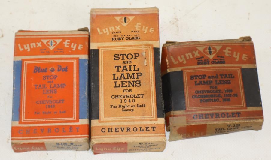 Group of 3 1930s and 40s Chevy Lynx Eye Stop Lamp Lenses In Original Boxes (1 of 2)