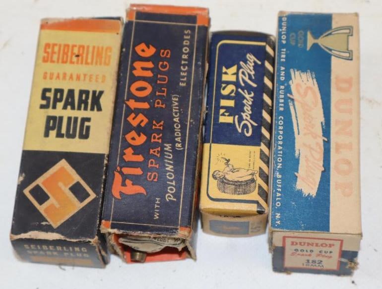 Group of 4 Tire Company Spark Plugs in Original Boxes: Largest is 3.75x1x1
