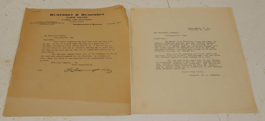 Group of 2 1911 The Waverley Electric Carriage Company Signed Letters (1 of 4)