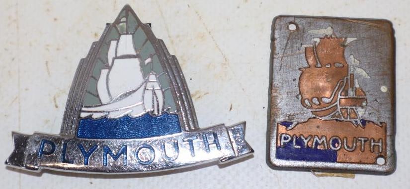 Group of 2 1920s and 40s Plymouth Cloisonne Radiator Emblem: Largest is 2.25x1.5