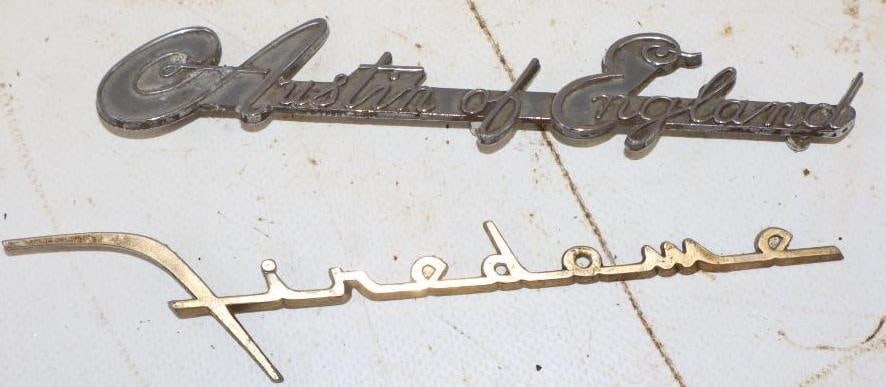 Group of 2 Austin Of England and Firedome Car Fender Emblems: Largest is 6x1