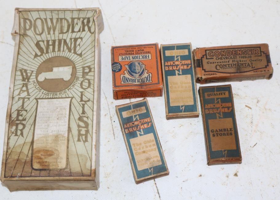Group of 6 Early Automobile Replacement Parts and Powder Shine In Original Boxes: Largest is 3x7x1.5