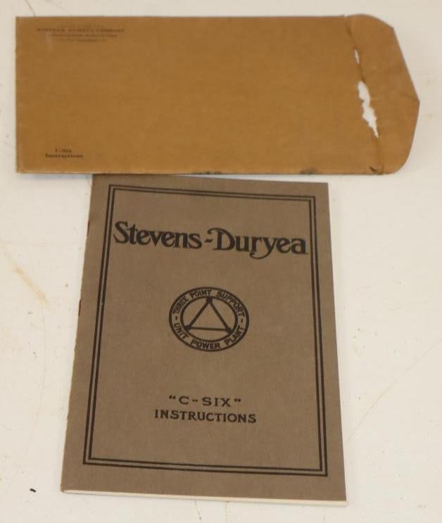 1920s Stevens-Duryea C-Six Instruction Manual With Original Envelope: 6x9 Is Missing First 2 Pages
